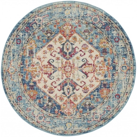Homeroots 5 ft. Round Ivory & Light Blue Distressed Area Rug 385551